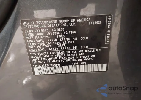 2020 Volkswagen Atlas Cross Sport 2.0T Sel/2.0T Sel Premium/2.0T Sel Premium R-Line/2.0T Sel R-Line from USA, damaged, VIN 1V2MC2CA5LC206599